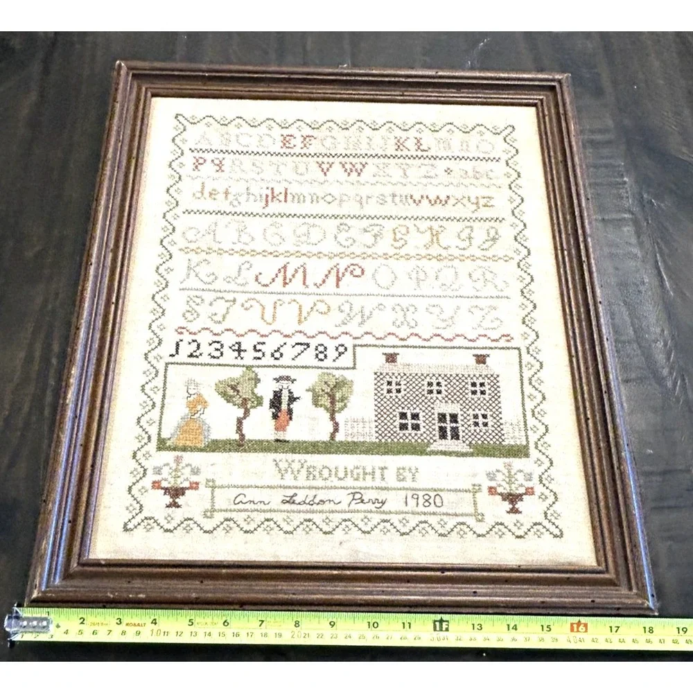 Vintage Signed Ann Perry 1980 American Sampler‎ Large Beautiful Fine Work Framed
